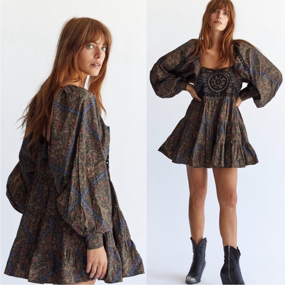 Free People Paisley Mini Dress in Black and Blue